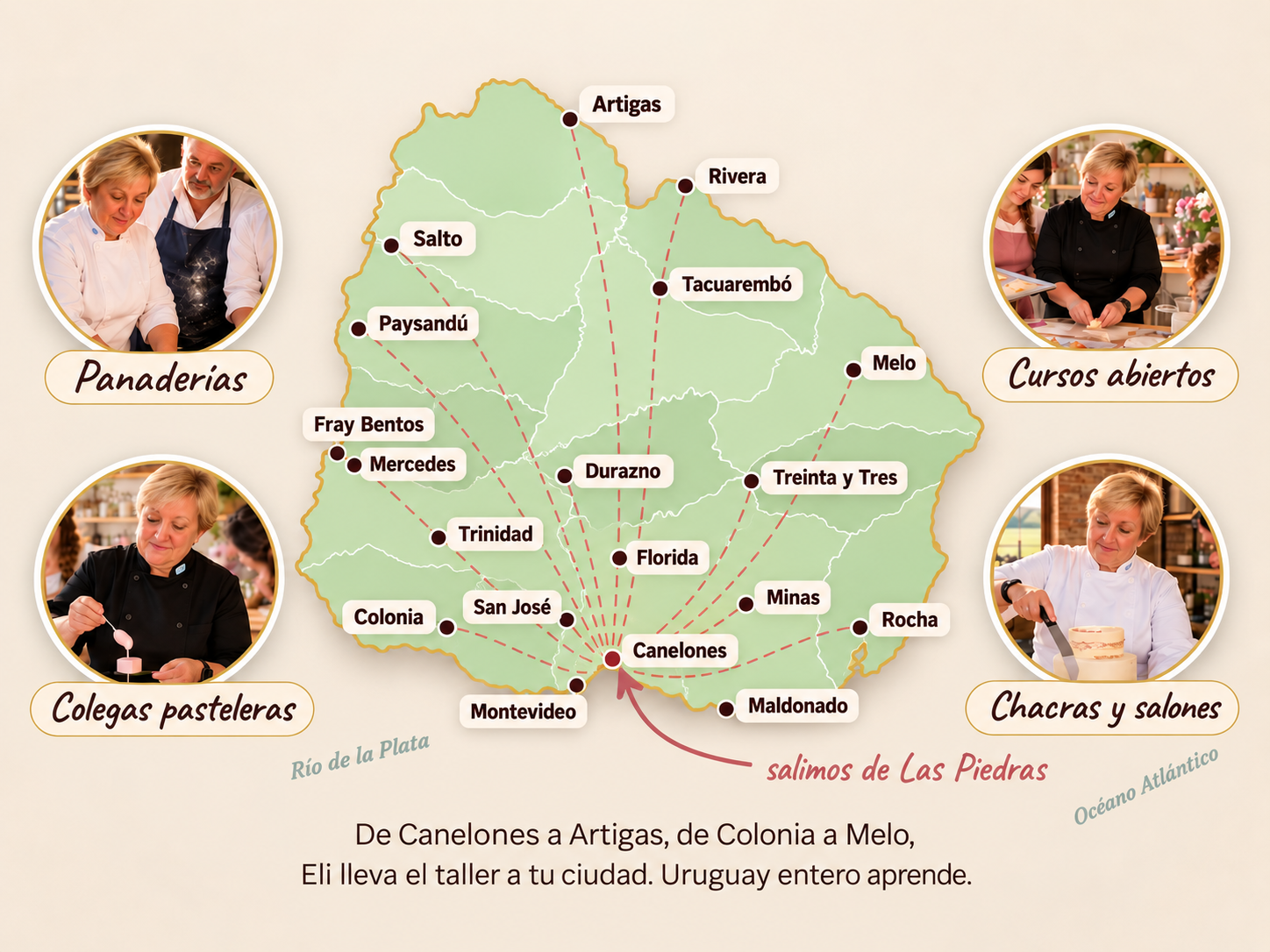 Mapa de Uruguay con las ciudades a las que va Elizabeth