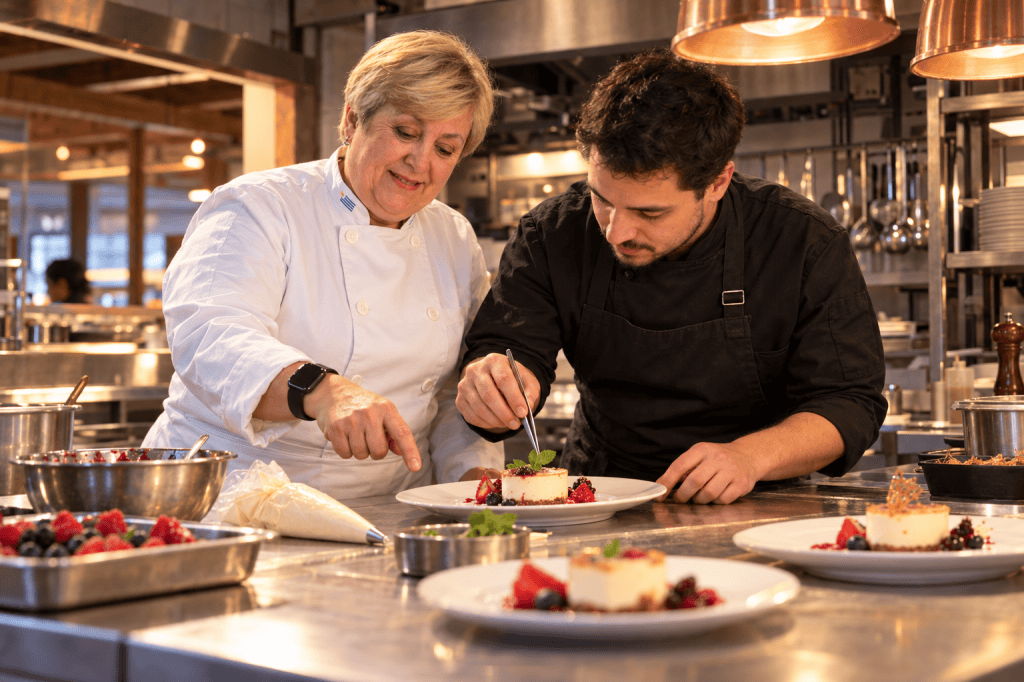 Elizabeth armando un postre de restaurante junto a un cocinero